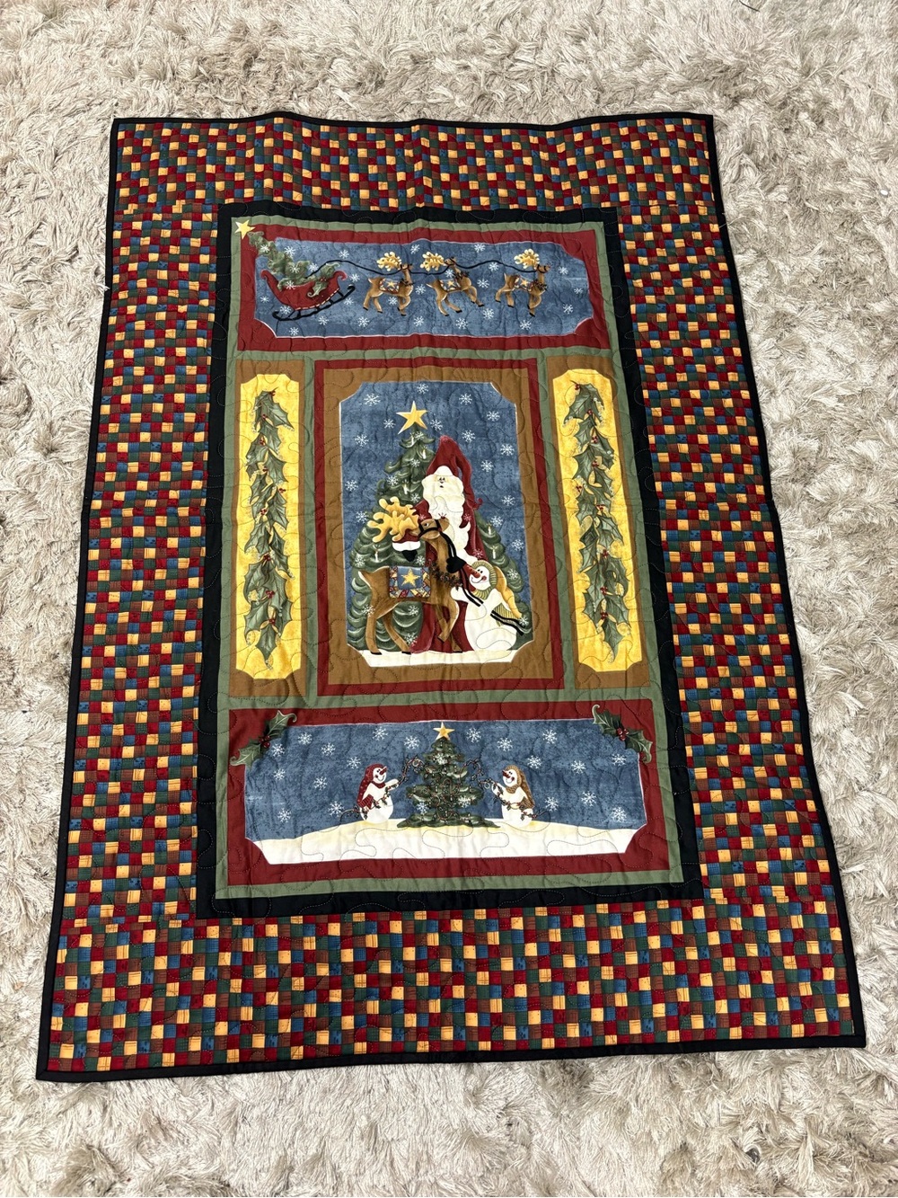 Christmas throw Festive Santa Panel Holiday Quilt - Red, Blue, Green